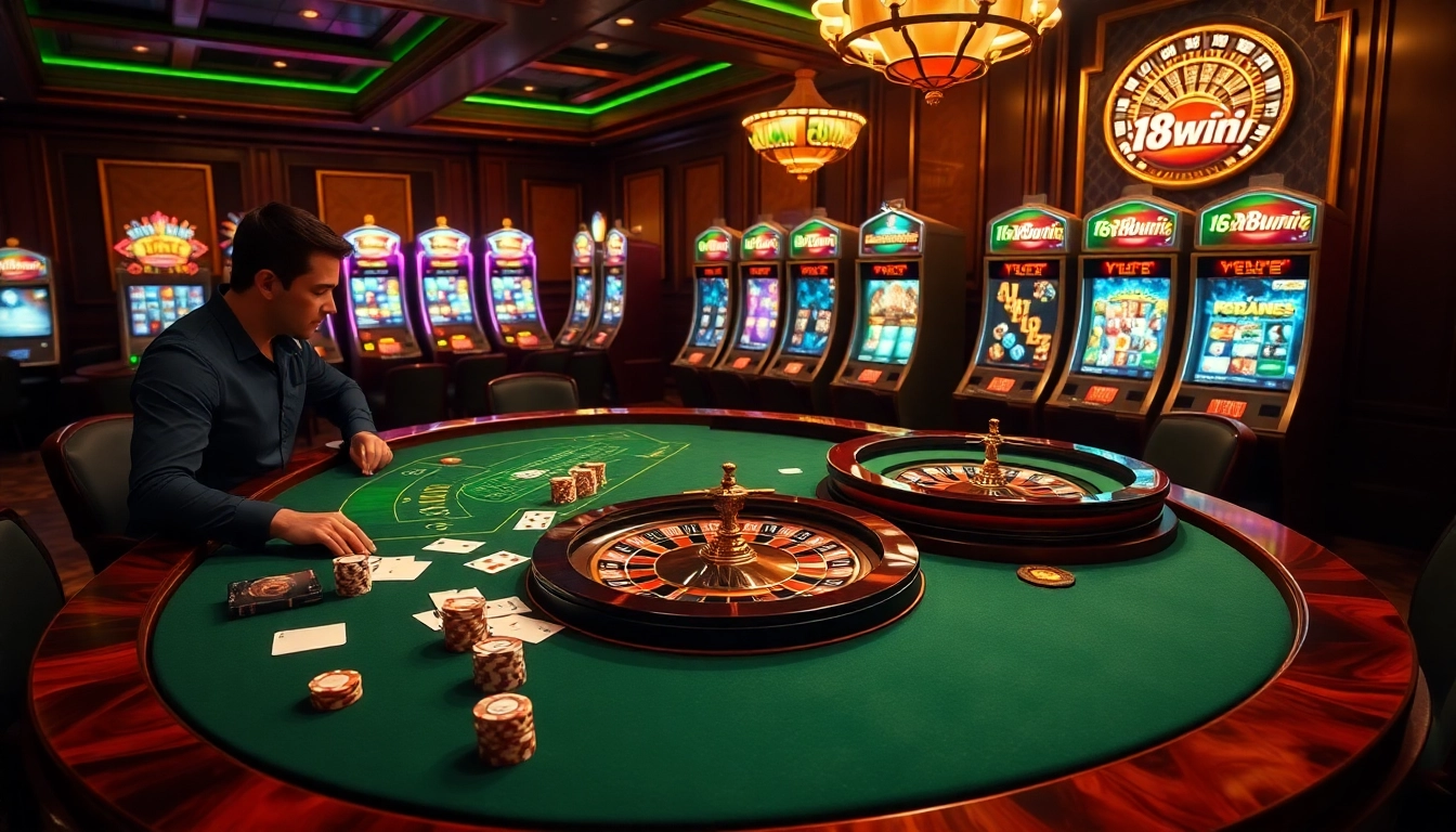 Experience the excitement of gambling at 18win with vibrant slots and elegant casino tables.