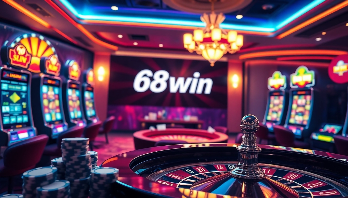 Experience the thrilling excitement of 68win gaming showcased in a vibrant casino scene featuring poker chips and roulette.