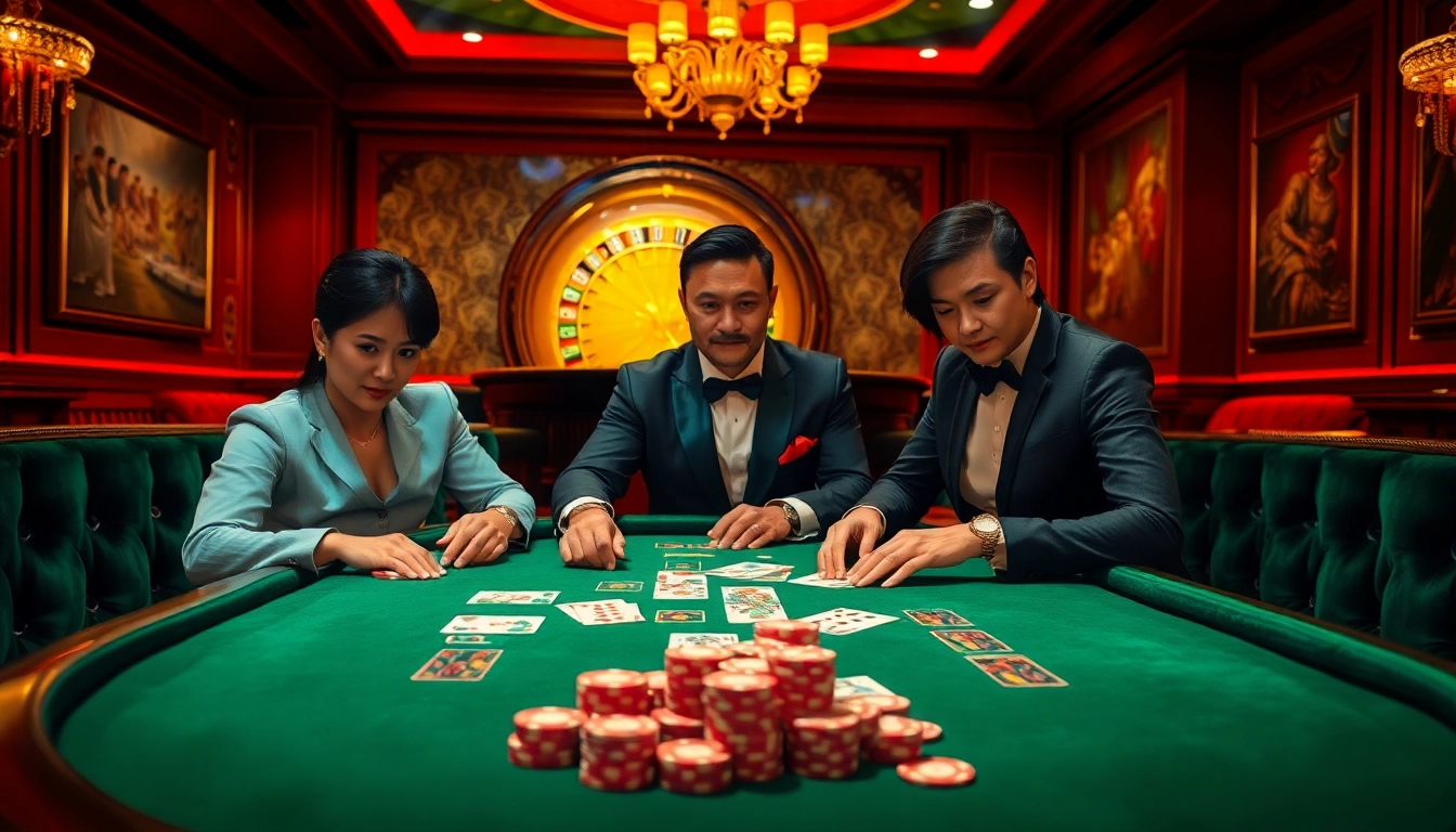 Experience thrilling poker action at VJ88 casino, featuring elegantly designed tables and vibrant chips.