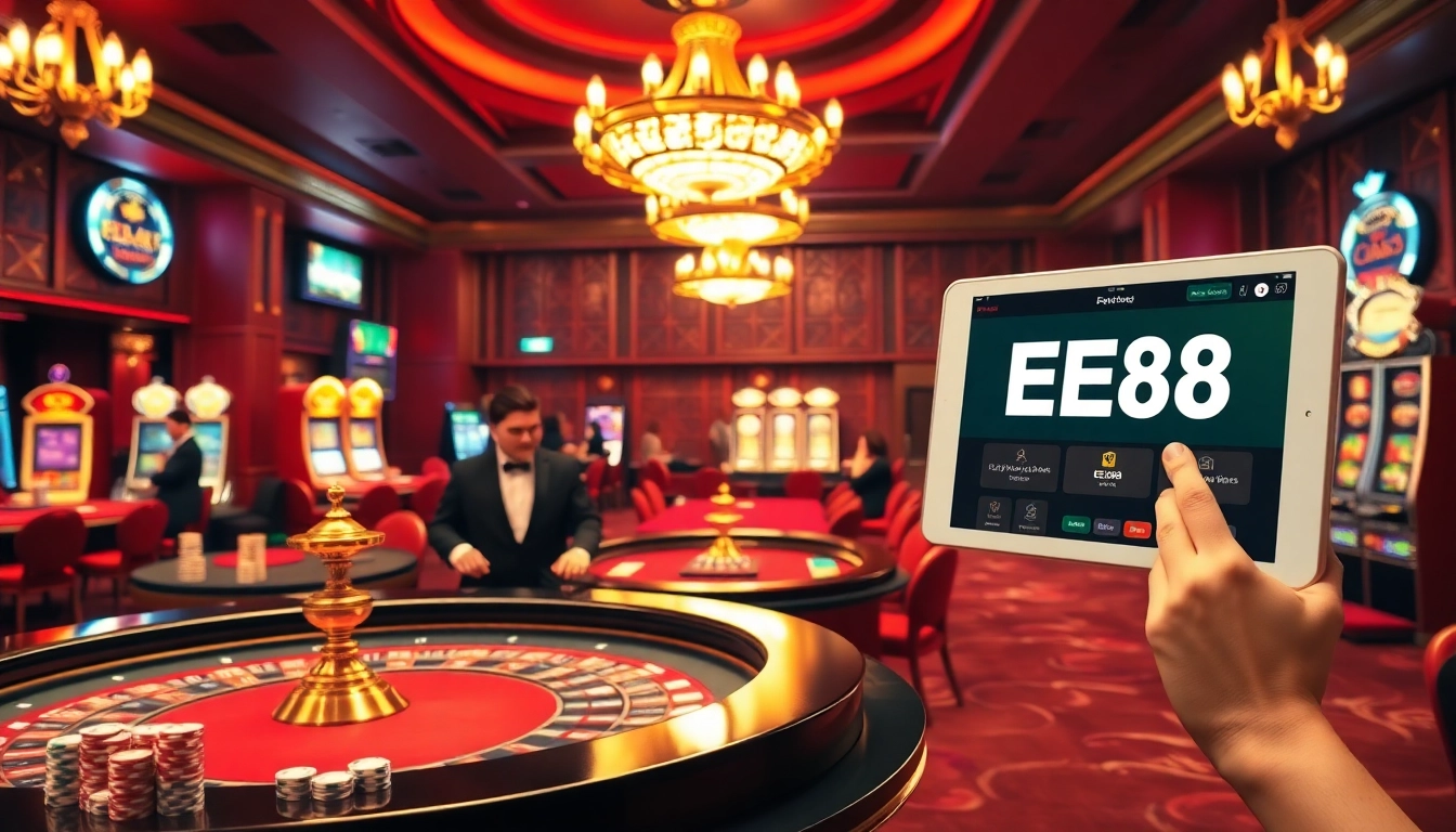Betting scene showcasing EE88 with vibrant casino elements and festive ambiance.