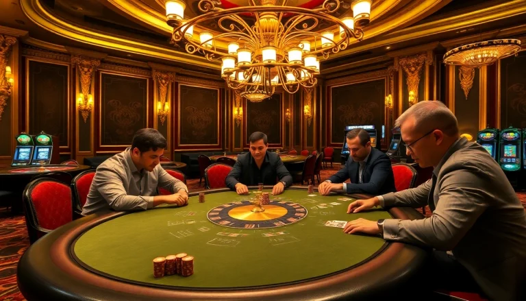 High-stakes poker at a KJC casino, showcasing professional gamers and luxurious decor.