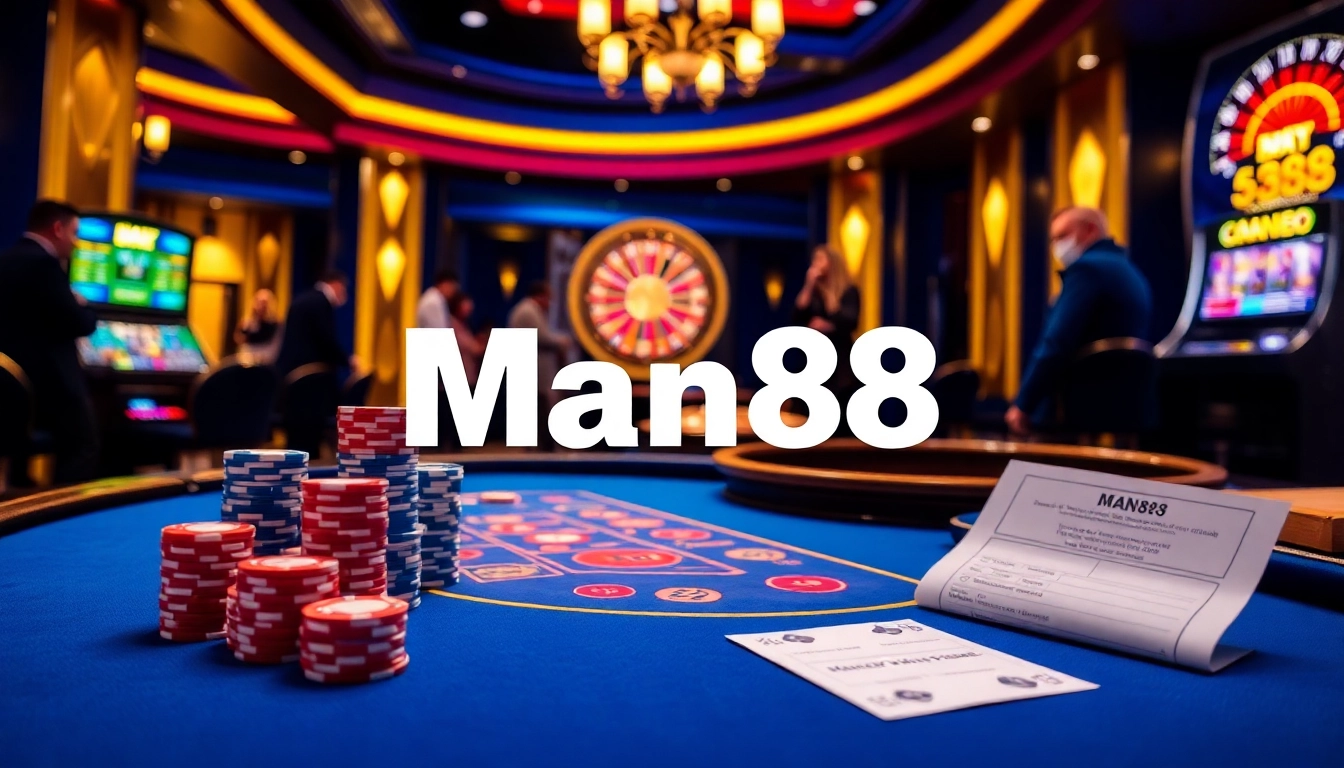 Man88 poker table scene showcasing players engaged in lively gameplay with colorful chips and a roulette wheel.