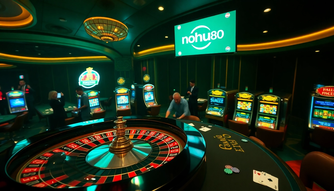 Nohu90 players enjoying a thrilling casino experience at an upscale gambling venue.