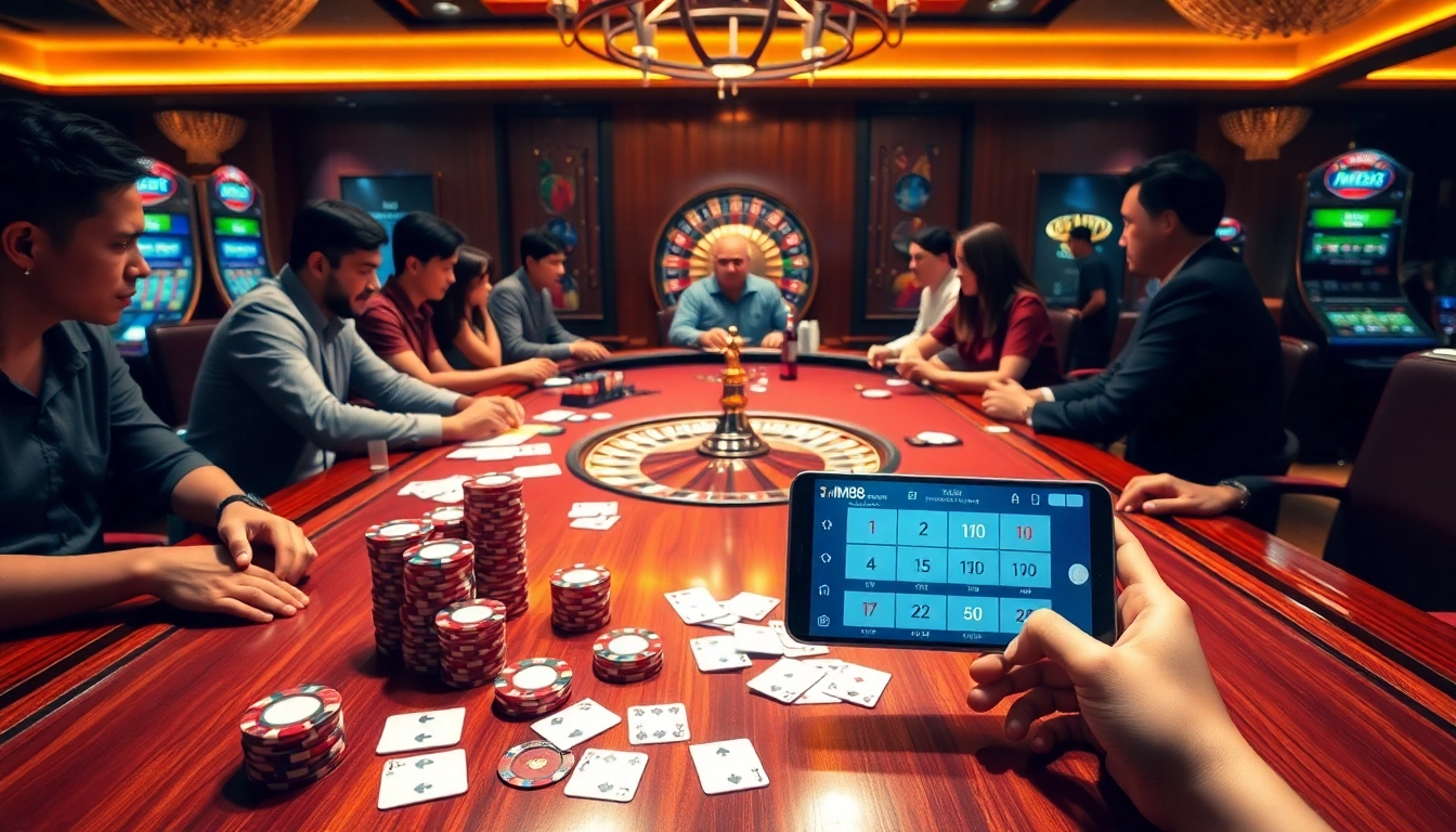 Engaged players enjoying a vibrant gaming experience at MM88 casino with poker chips and cards.