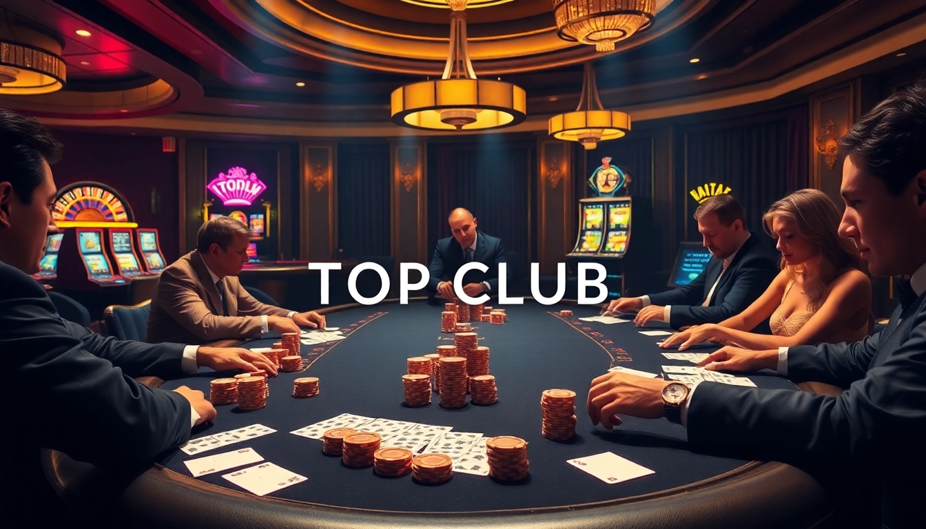 Engage in a thrilling poker game at a luxurious TOP CLUB casino with well-stacked chips and cards.