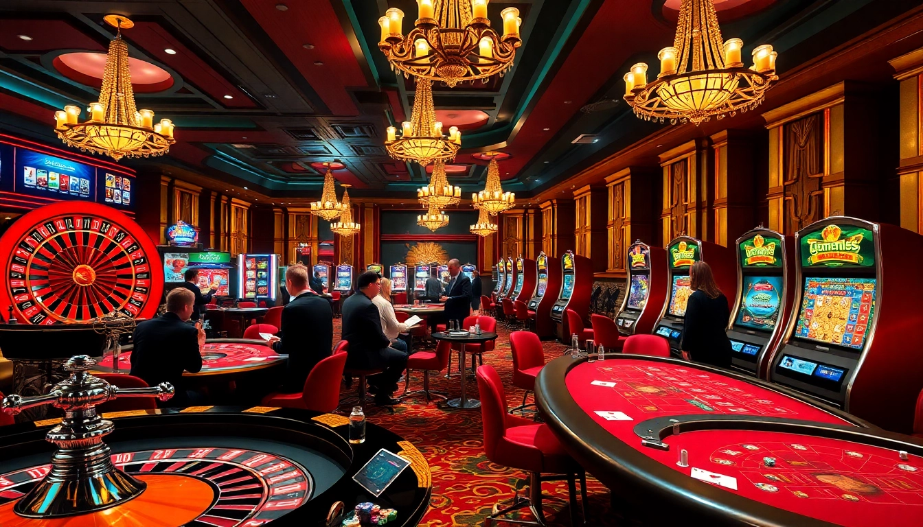Experience thrilling gambling at BK8 Thai, showcasing an upscale casino with poker tables and roulette wheels.