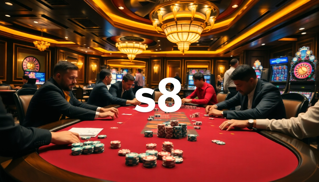 Engaged players at an upscale casino table display strategic moves, with s8 betting options vividly represented.