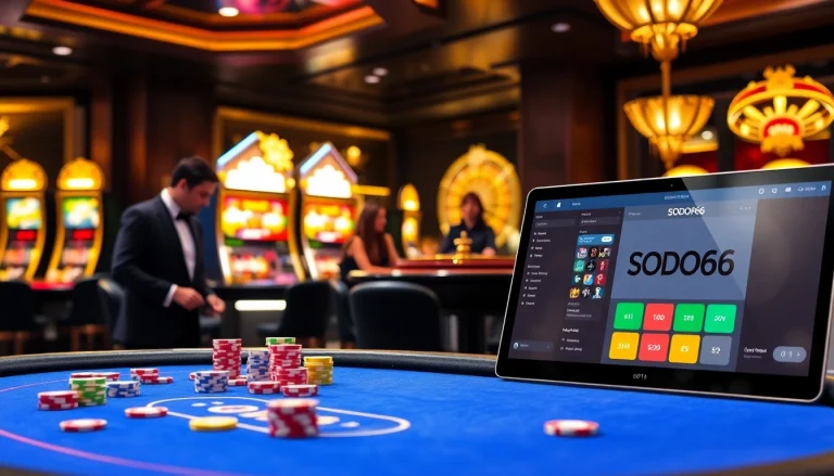 SODO66 casino scene featuring poker chips and a roulette wheel in a vibrant gaming environment.