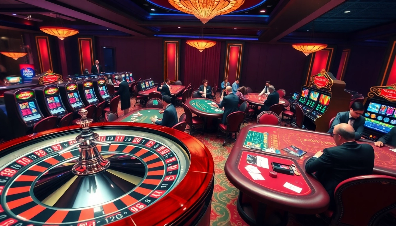 Engaging gaming scene at trang chủ king88 with roulette, poker, and flashing slot machines.