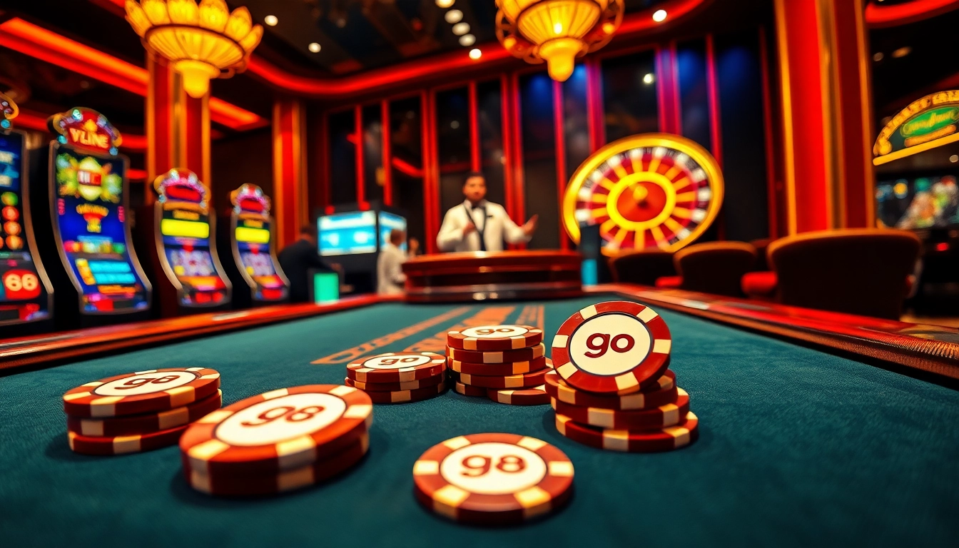 Players enjoying high-stakes blackjack at go 88's luxurious casino with vibrant slot machines and roulette in the background.
