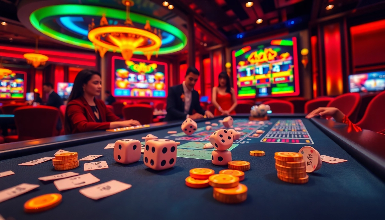 Engaging players enjoying tài xỉu online at a dynamic digital casino with vibrant visuals.