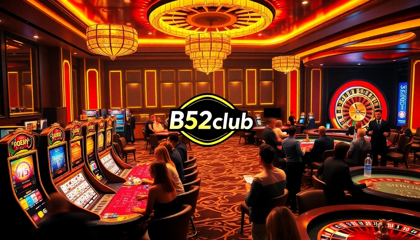 B52club players enjoying high-stakes poker and roulette in a luxurious casino environment.