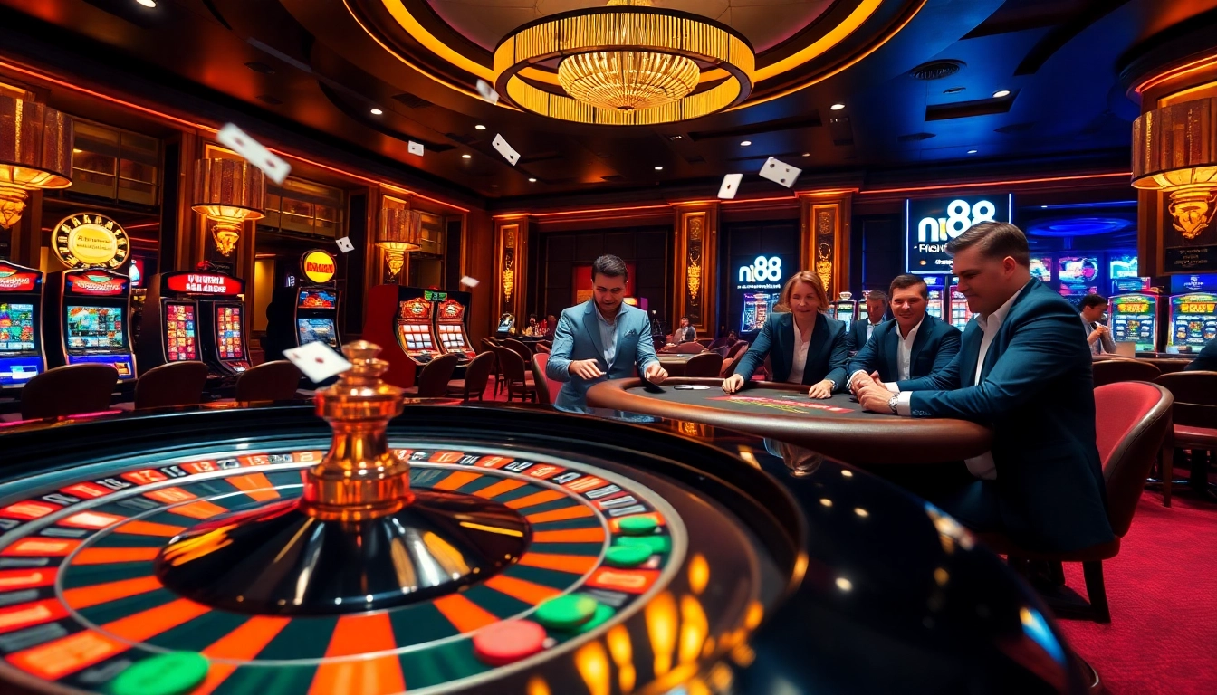 Excited players engaging at the nh88 roulette table in a luxurious casino setting.