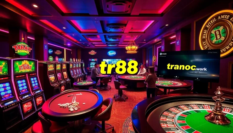 Players enjoying thrilling games at https://tr88.work/ casino with poker chips and colorful slot machines.
