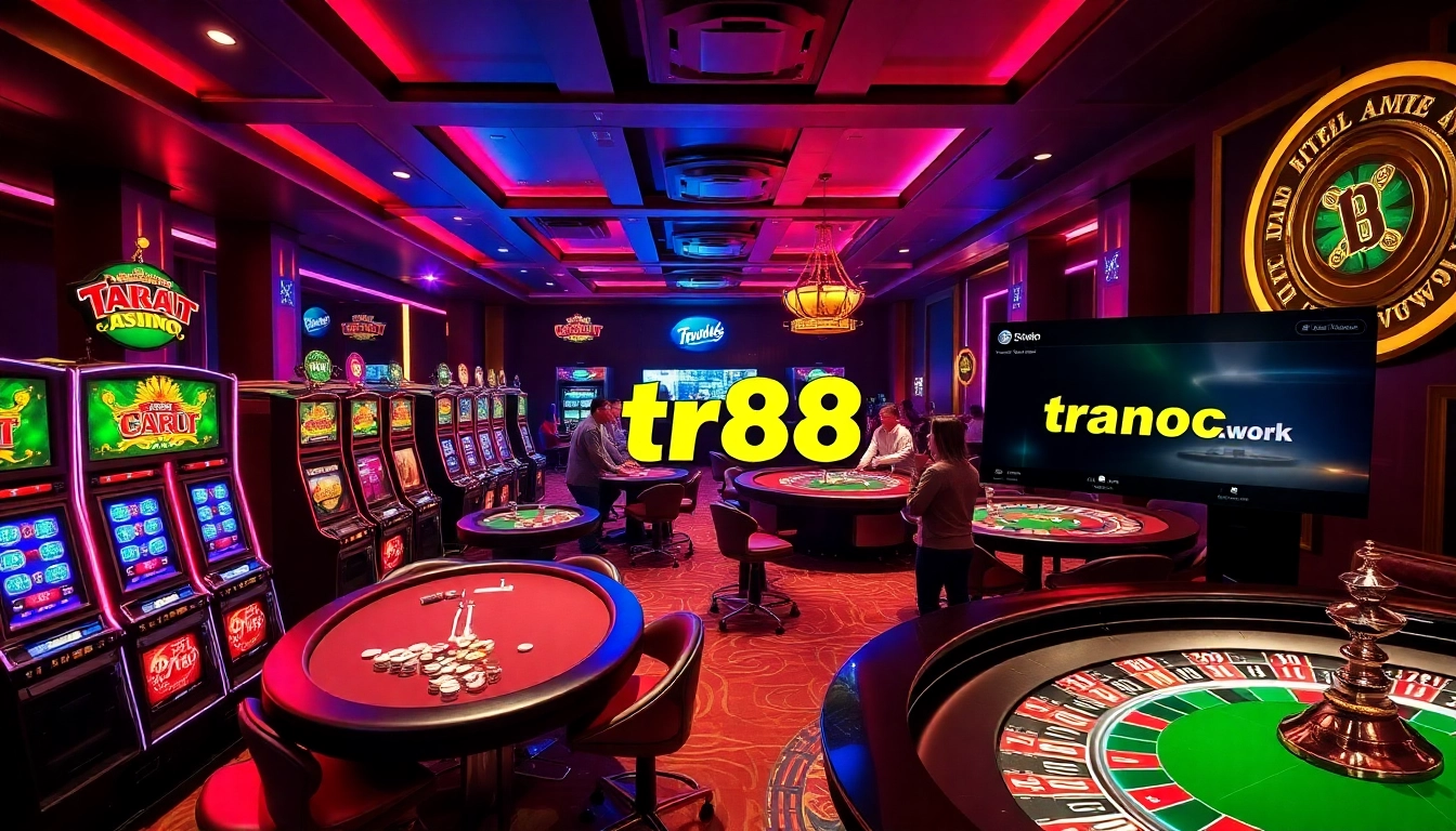 Players enjoying thrilling games at https://tr88.work/ casino with poker chips and colorful slot machines.