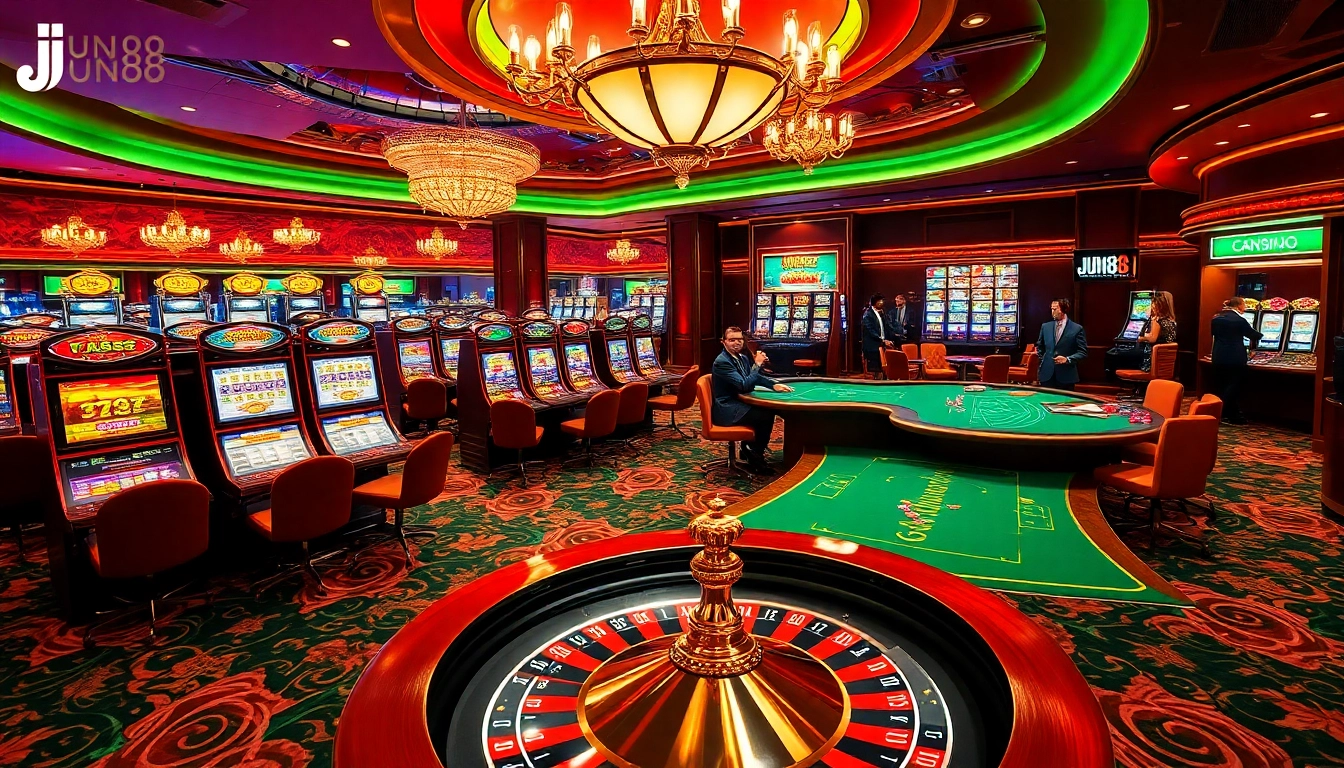 Experience the excitement at Jun88 casino with vibrant slot machines and an elegant poker table.