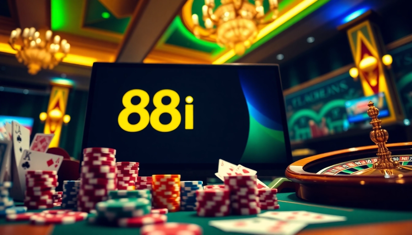 Experience the excitement of online gambling with 88i, featuring poker chips and a roulette wheel.