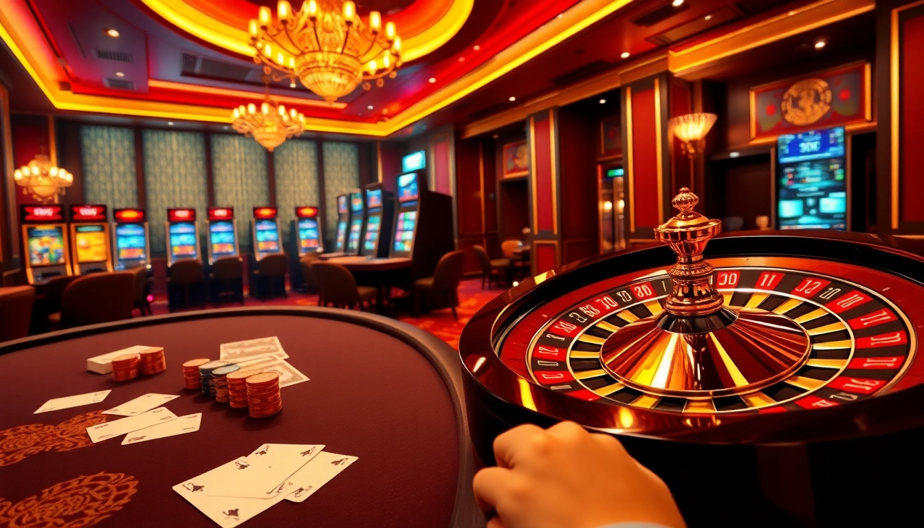 SX88-themed casino scene with luxurious poker and roulette tables and vibrant slot machines.