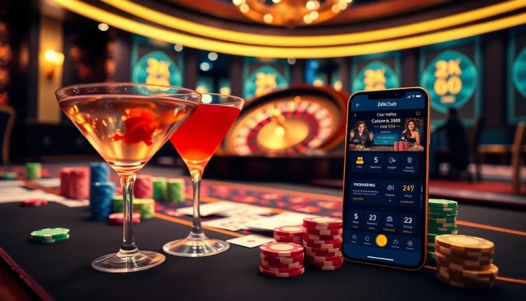 The app 24kclub enhances your gaming experience with a luxurious casino setting vibrantly filled with chips and cards.