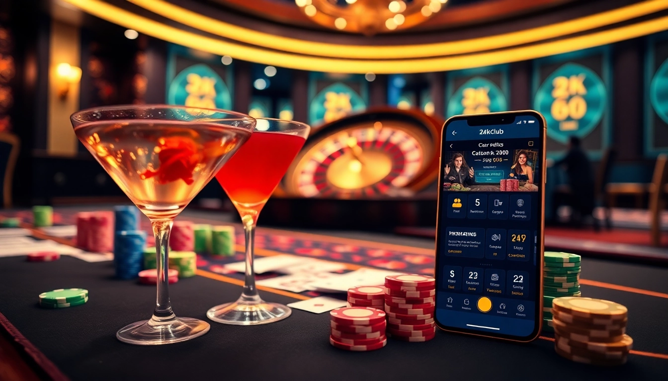 The app 24kclub enhances your gaming experience with a luxurious casino setting vibrantly filled with chips and cards.