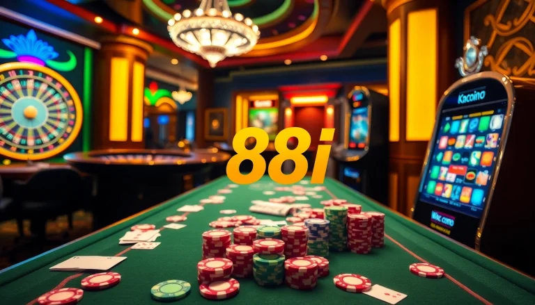 Experience the excitement of 88i's casino with vibrant poker chips and gaming tables.