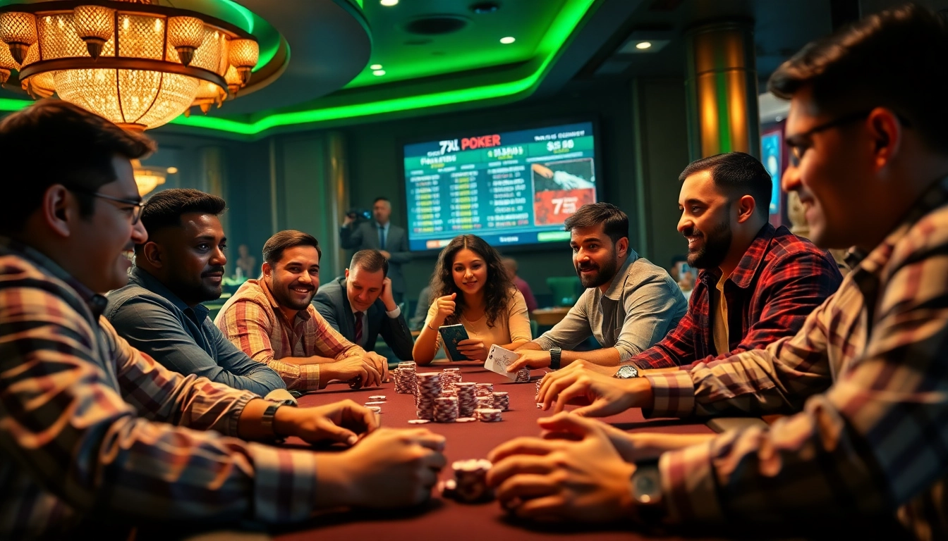 סצנת פוקר מרתקת עם שחקנים מגוונים וצבעים חיים בקזינו 7xl.