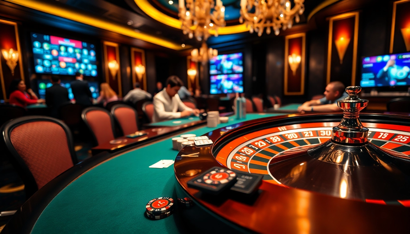 Experience thrilling gameplay at hz88 nhà cái with an elegant poker table and roulette wheel in a luxury casino setting.