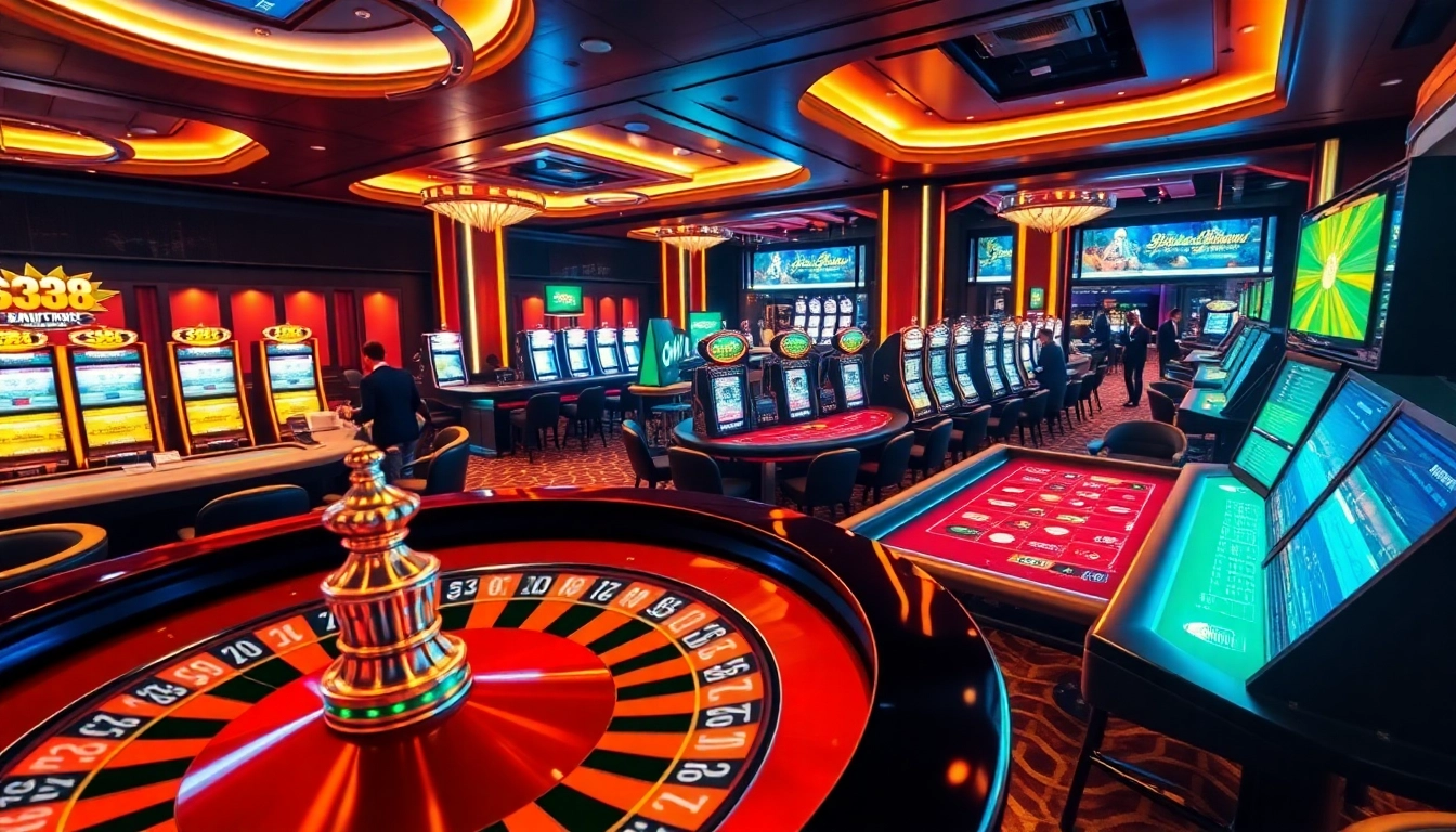 SV388 online casino featuring thrilling roulette wheel and vibrant slot machines in an upscale setting.