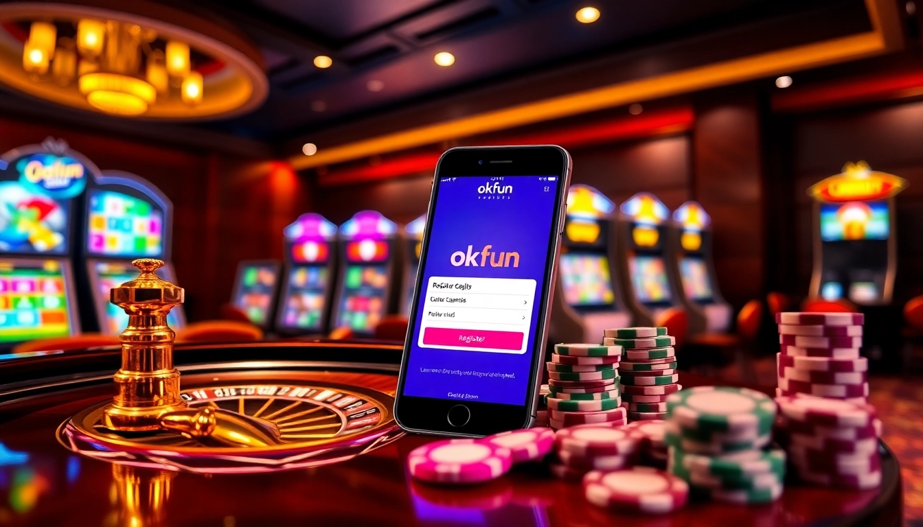Engaging players in đăng ký okfun on a sleek online casino interface featuring poker chips, slot machines.