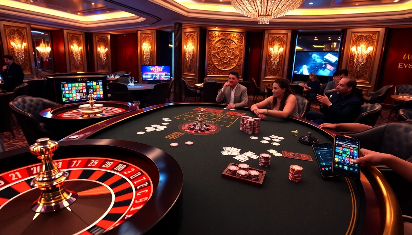 Experience the thrill of link ev88 in a glamorous casino scene with roulette and poker.