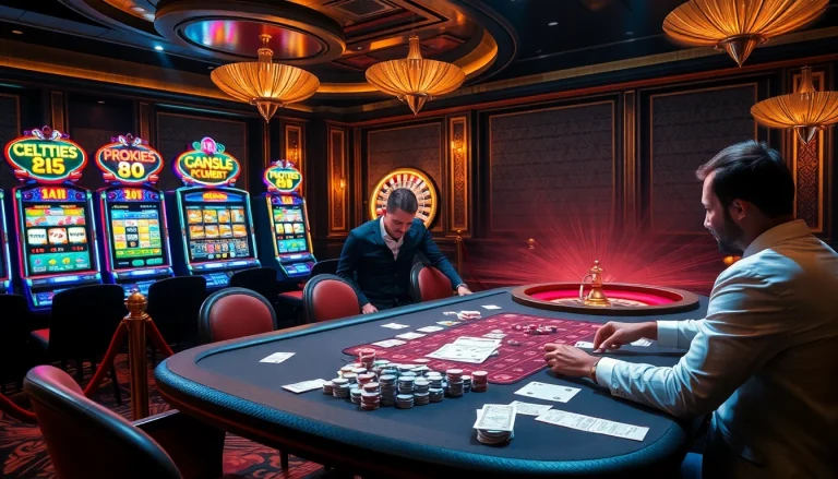 Players enjoying high-stakes card games at the 88i casino table, with vibrant slot machines and roulette wheel.