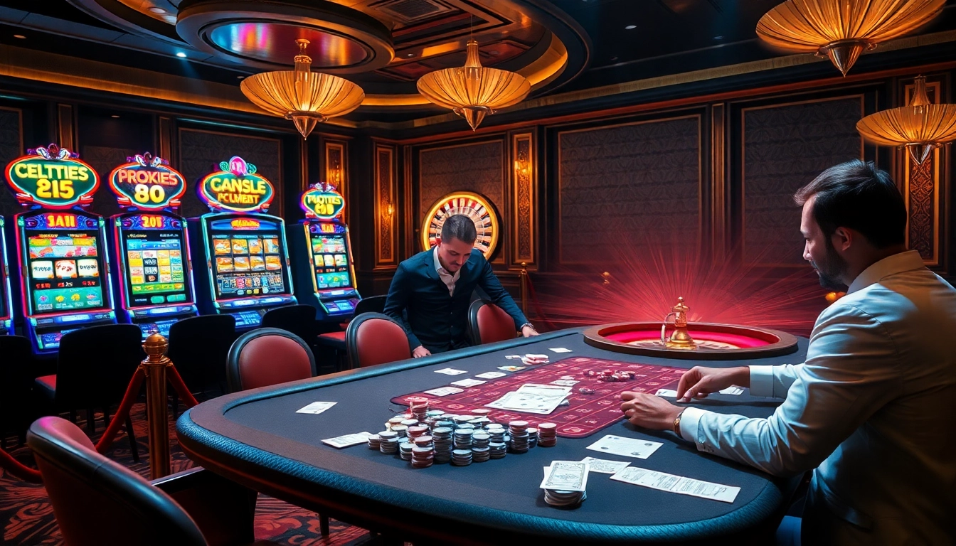 Players enjoying high-stakes card games at the 88i casino table, with vibrant slot machines and roulette wheel.