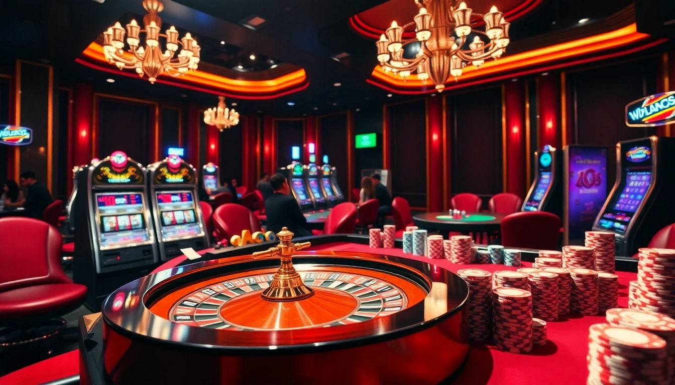 Experience high-stakes action at VJ88's lavish casino table with roulette, cards, and vibrant poker chips.