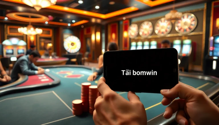 Engage with Tải Bomwin on a vibrant casino layout showcasing poker, roulette, and slot games.