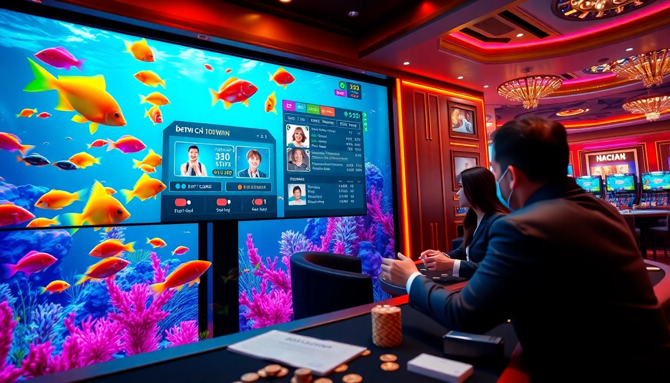 Bắn cá đổi thưởng digital interface showcasing an exciting underwater gambling game with colorful fish and betting elements.