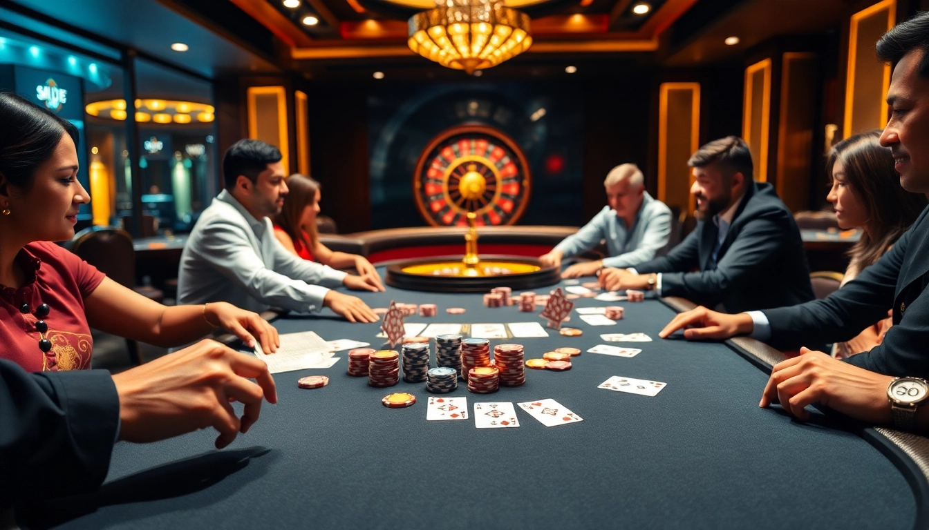 Players enjoy a thrilling poker game at a luxurious casino, highlighting the excitement of apiraja88.