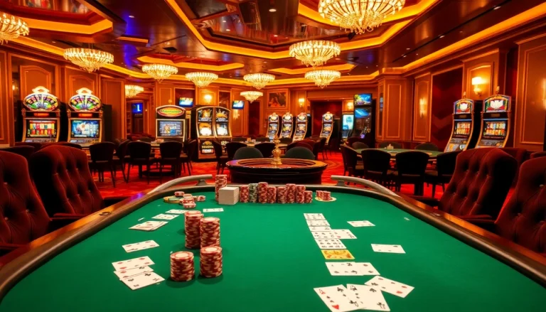 Cảnh casino đầy phấn khích, nổi bật bàn poker cược cao của Bet VIP với thiết kế sang trọng và các yếu tố độc quyền.