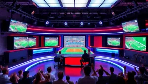 Sports Broadcasting studio with live screens showcasing dynamic games and energetic hosts discussing events.