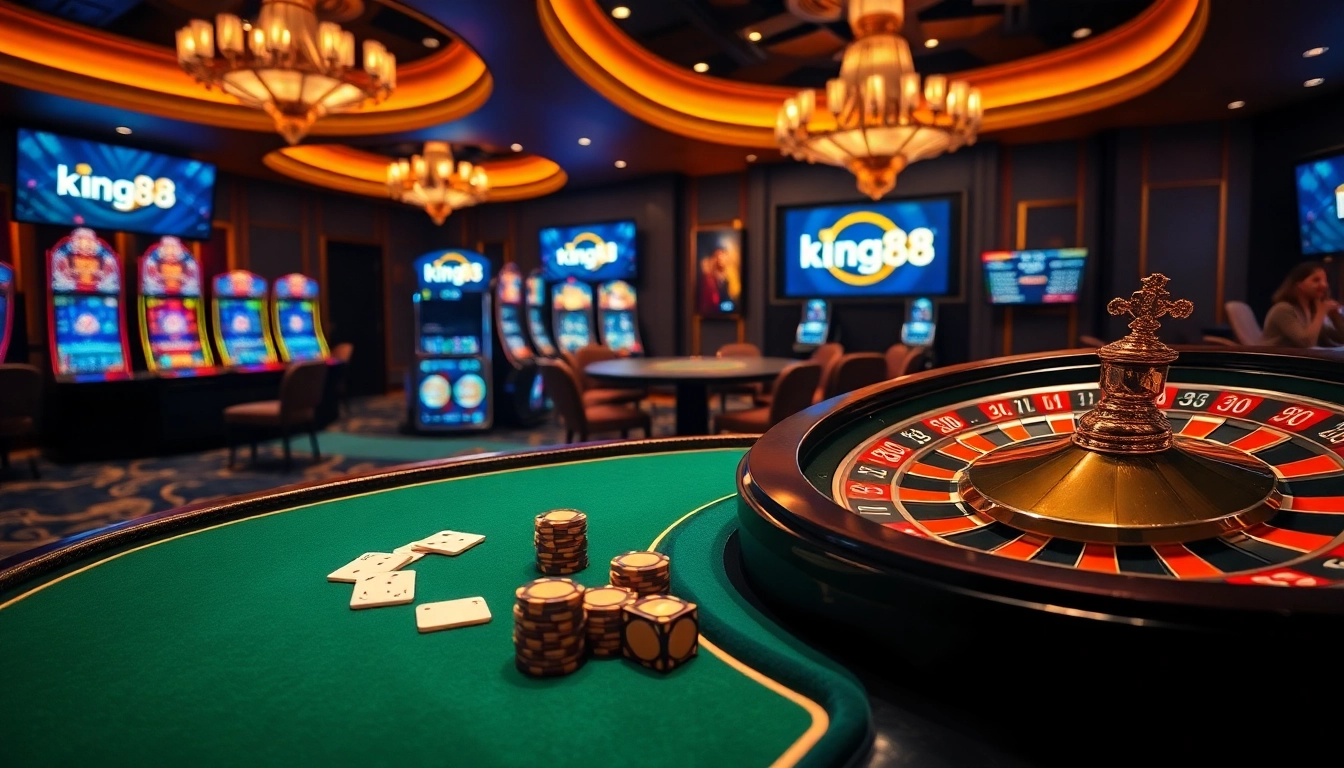 Experience the thrill of king88 with vibrant gaming elements, showcasing poker tables and slot machines.