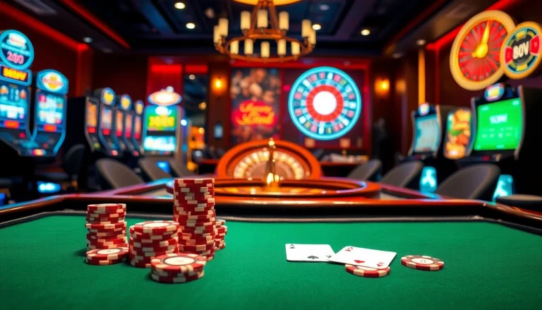 88vv players enjoying an exciting casino setting with poker chips and vibrant slot machines.