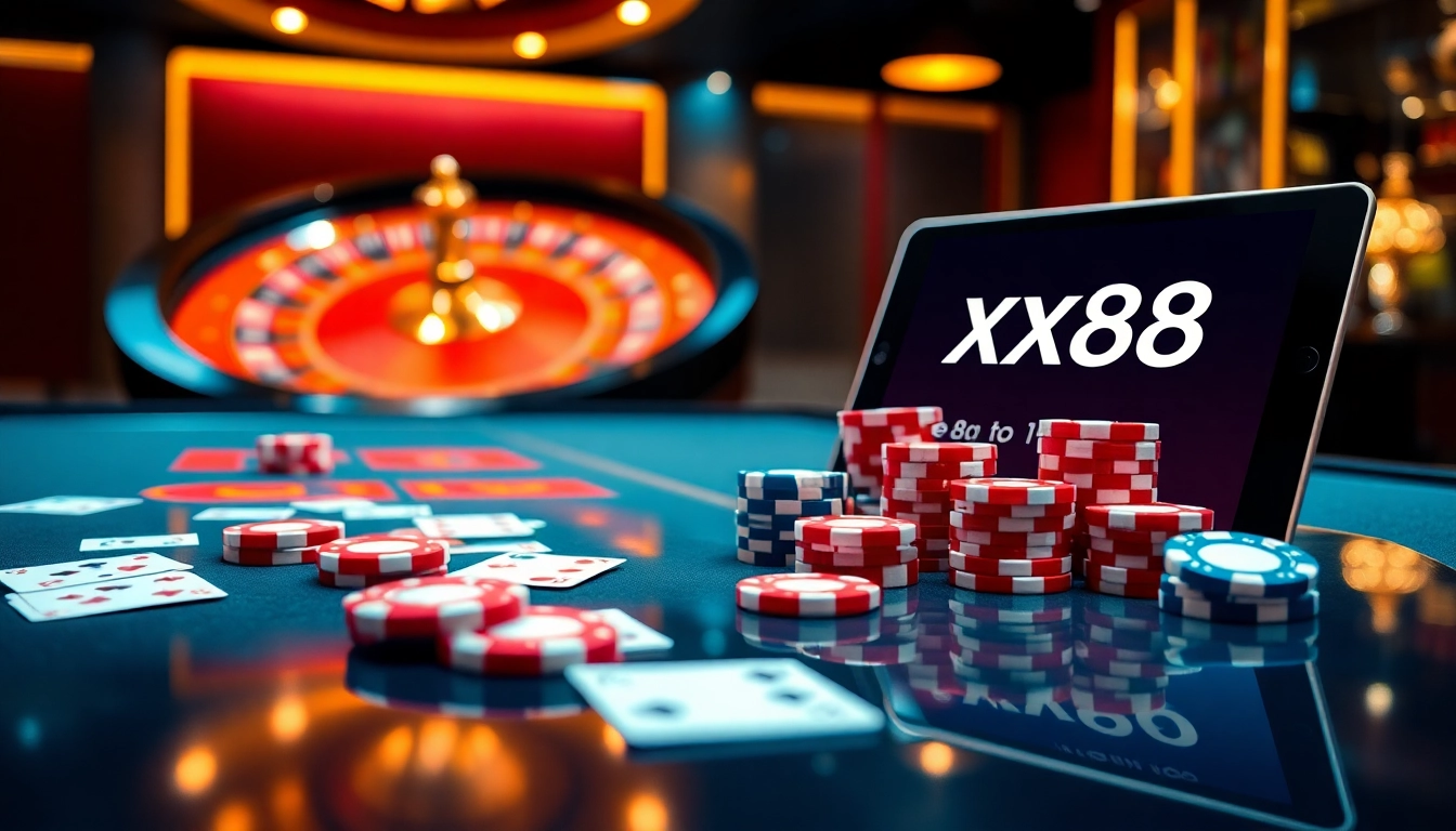 A dynamic casino table scene highlighting xx88 with poker chips and elegant cards in a vibrant setting.