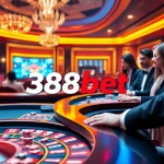 Experience thrilling gameplay at 388bet with vibrant casino tables and illuminated roulette wheels.