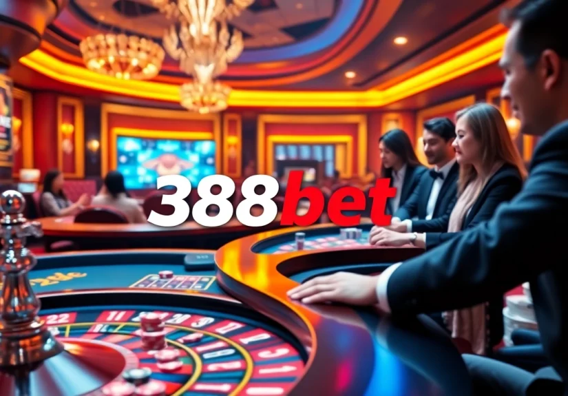 Experience thrilling gameplay at 388bet with vibrant casino tables and illuminated roulette wheels.