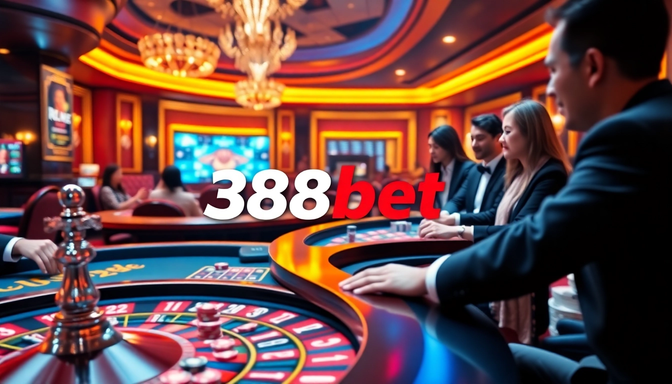 Experience thrilling gameplay at 388bet with vibrant casino tables and illuminated roulette wheels.