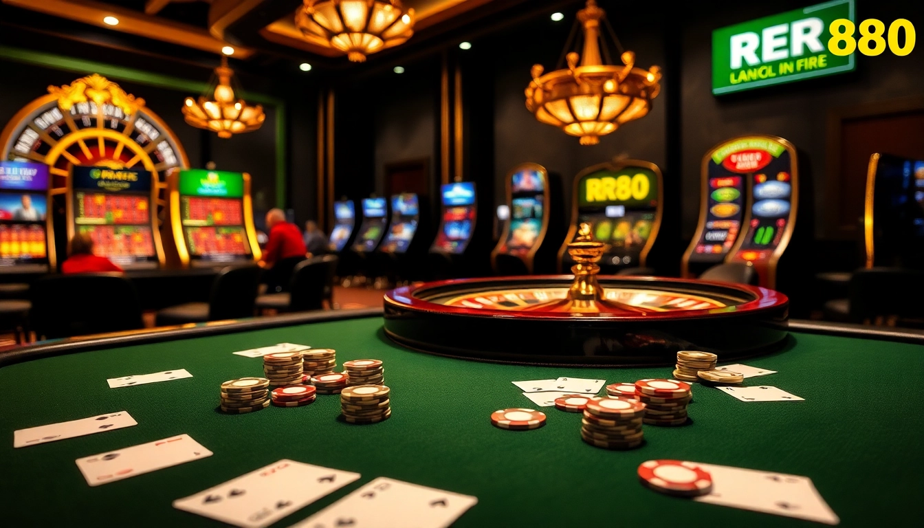 RR88 casino scene with poker table and roulette wheel, capturing the thrill of gambling.