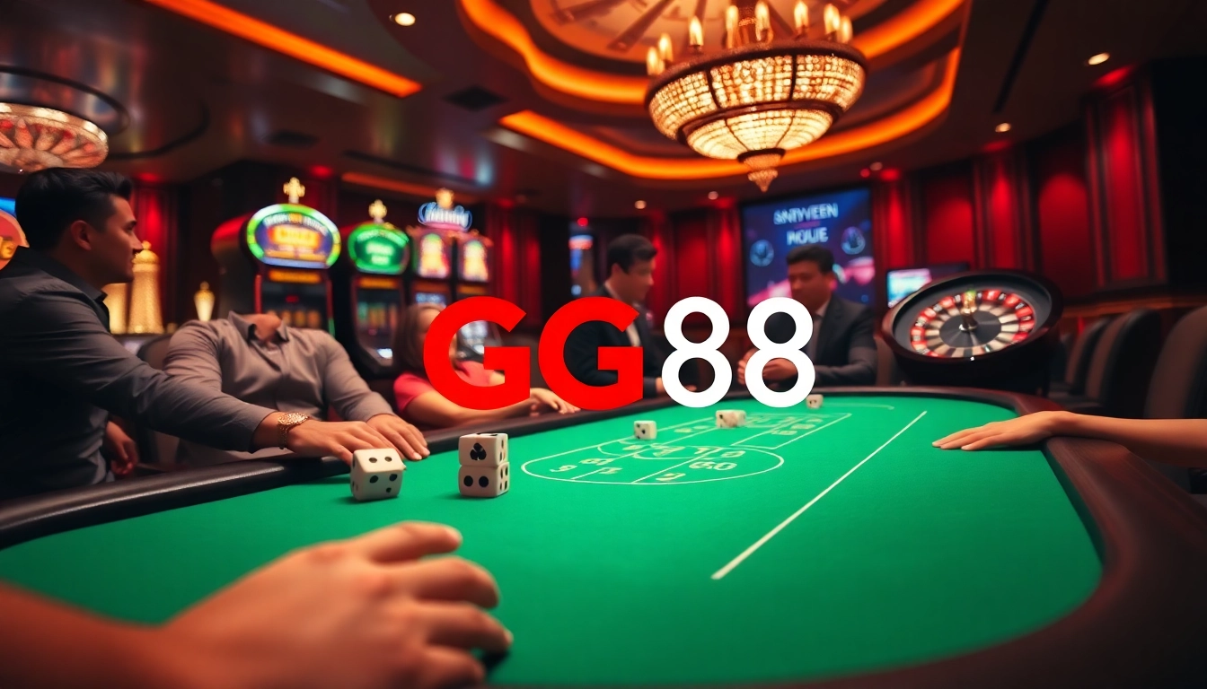Players enjoy a thrilling poker game at GG88's luxurious casino setting.