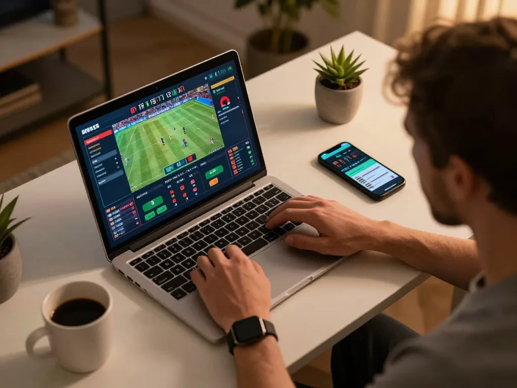 68 win during an intense online sports betting session with live events displayed on laptop.