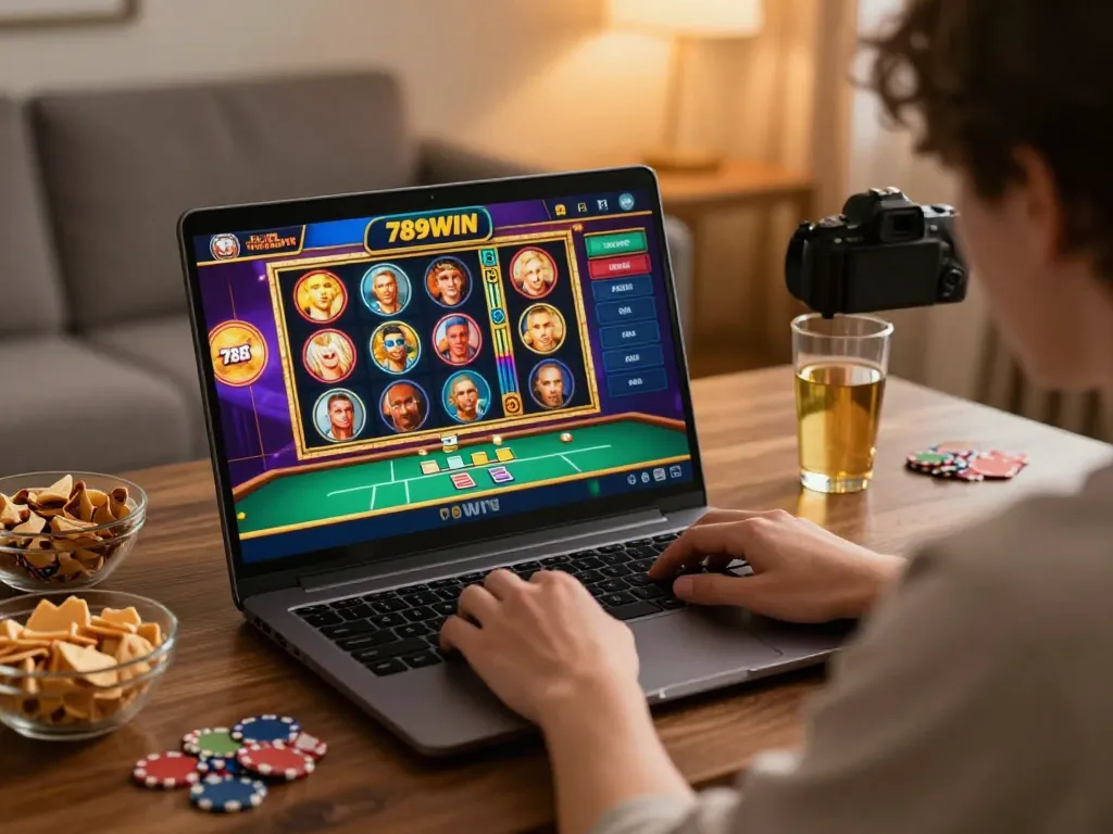 Engaging player enjoying 789WIN online casino games on laptop at home