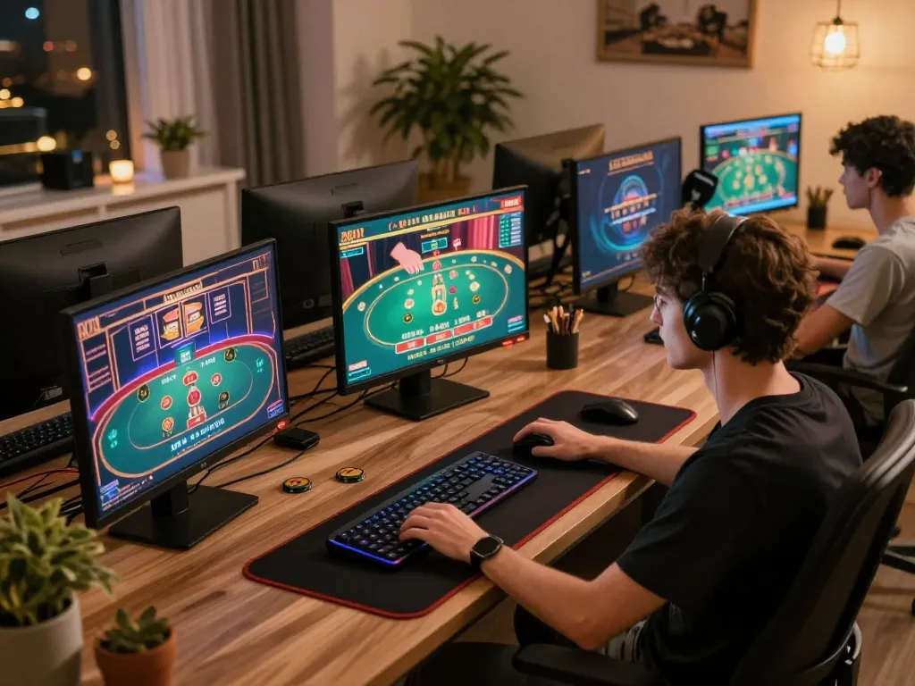Engaging online gaming session with 91 aa strategies showcased on multiple screens in a modern setting