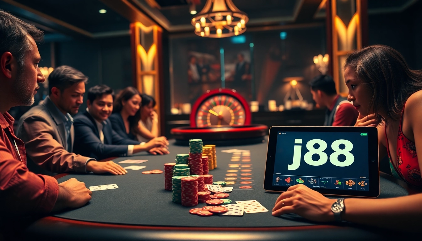 Experience high-stakes gambling action at a j88 poker table in a luxurious casino setting.